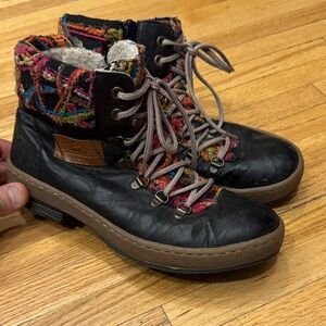 Rieker Black Lace-Up Ankle Boots with Multicolor Knit Collar